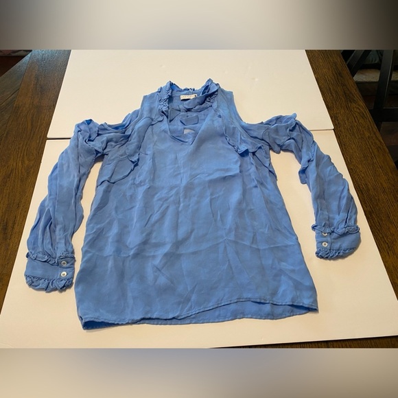 Sandro Paris Blue Cold Shoulder Ruffle Bohemian Coastal Beachy Blouse small B1 - Picture 1 of 4